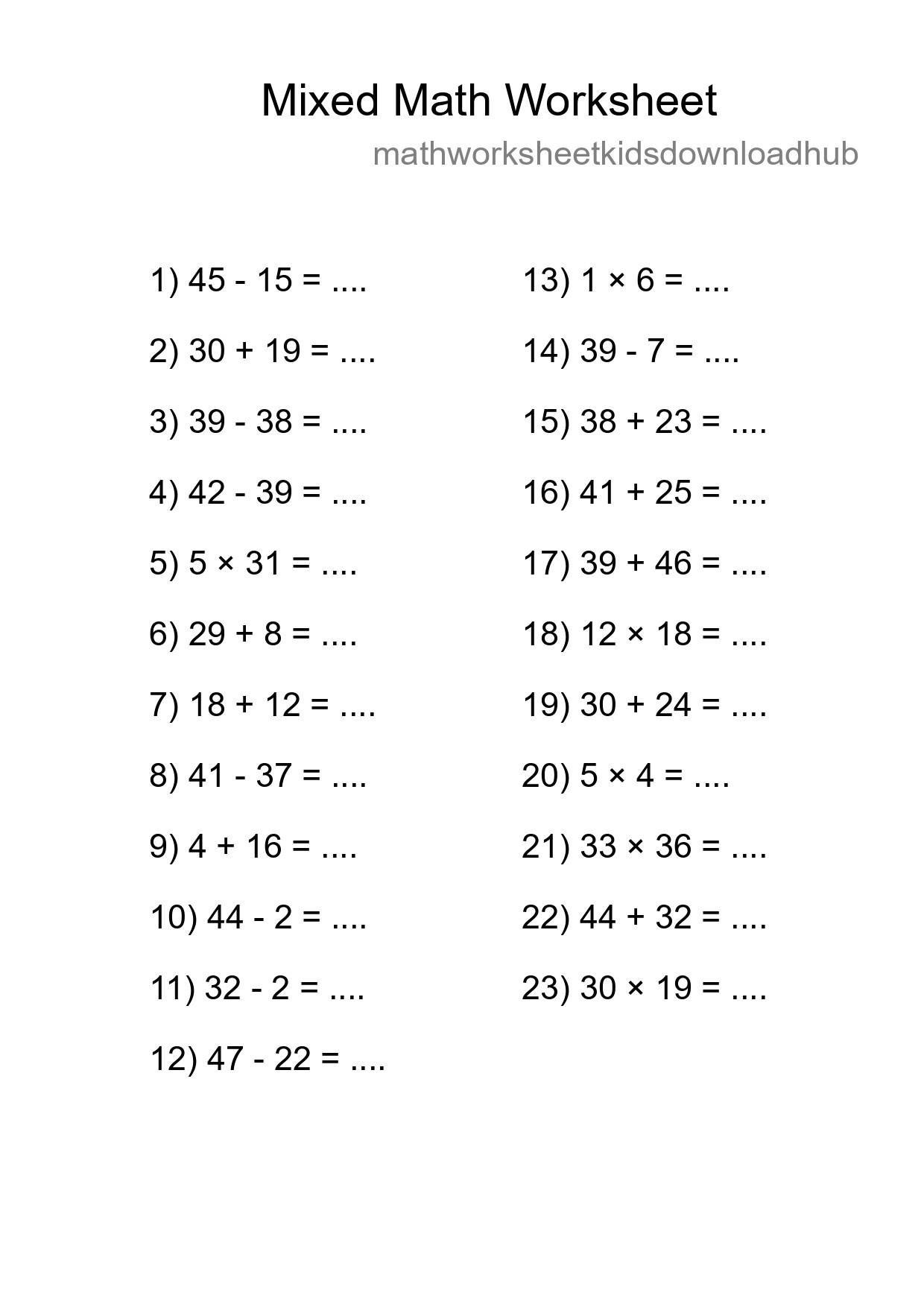 Mixed Operations Math Worksheet