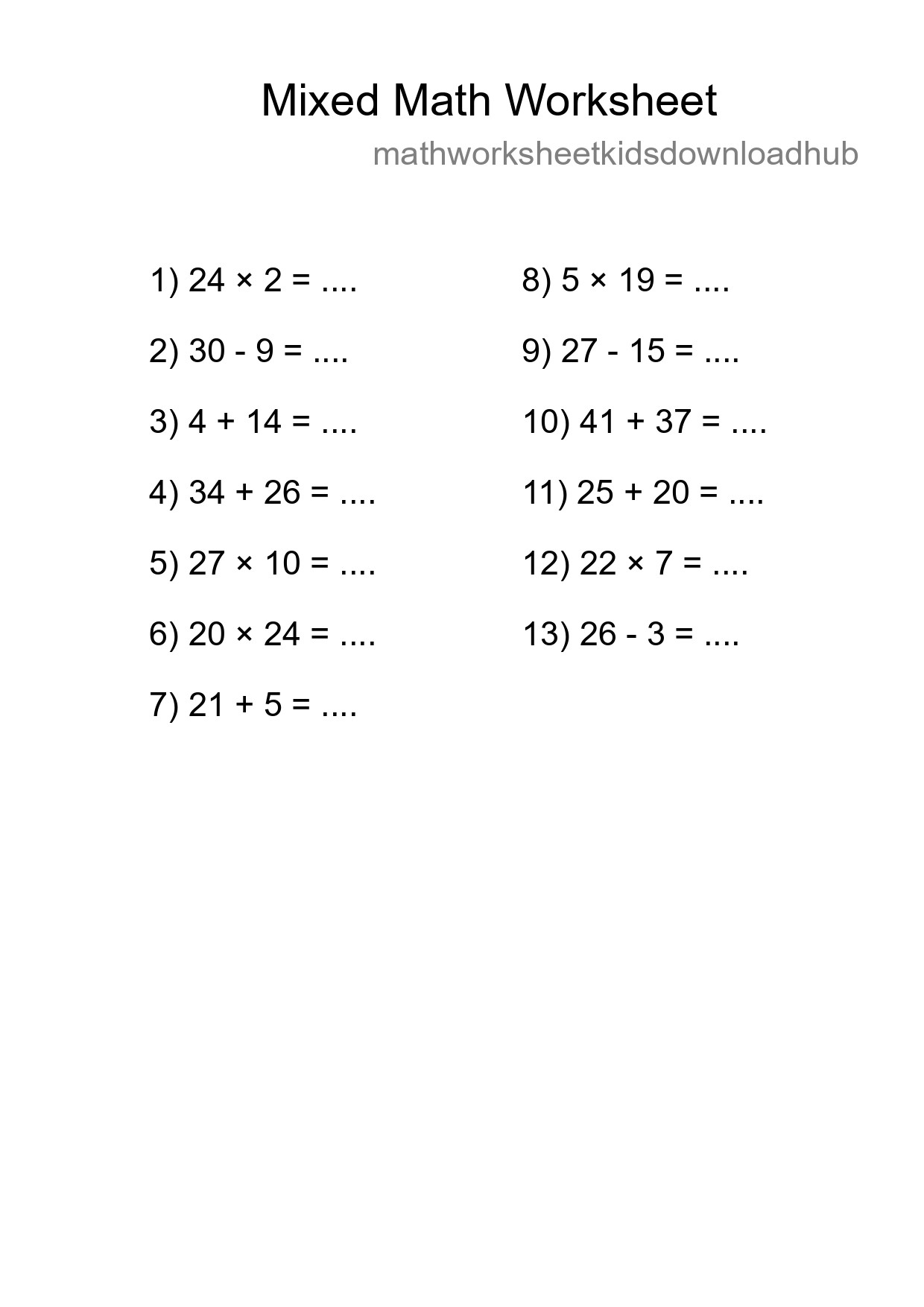 Mixed Operations Math Worksheet