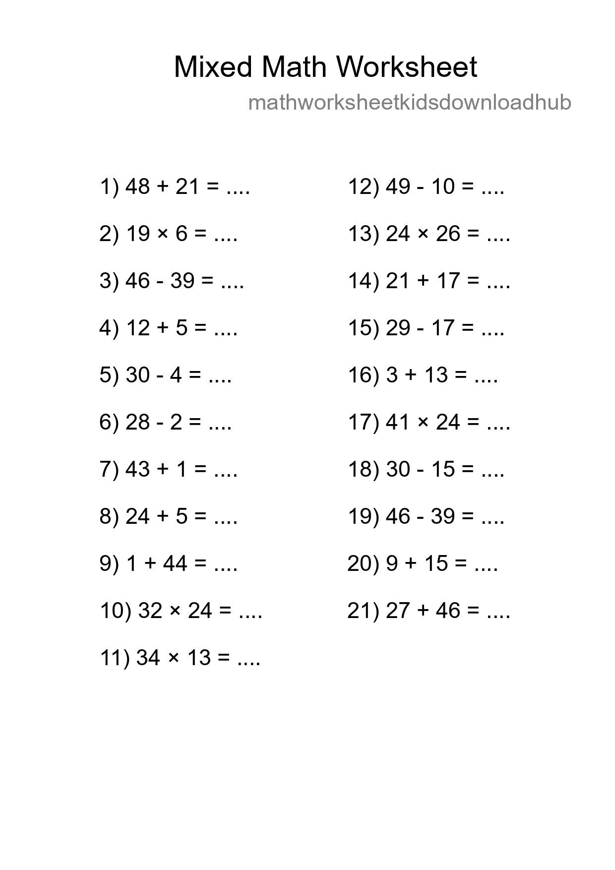 Mixed Operations Math Worksheet
