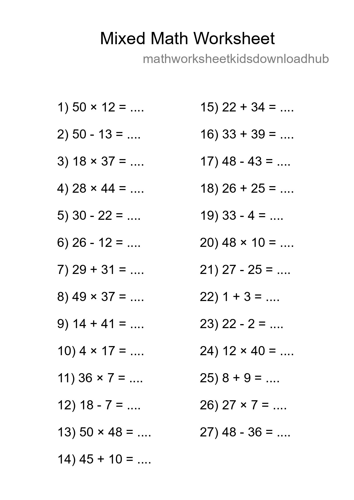 Mixed Operations Math Worksheet