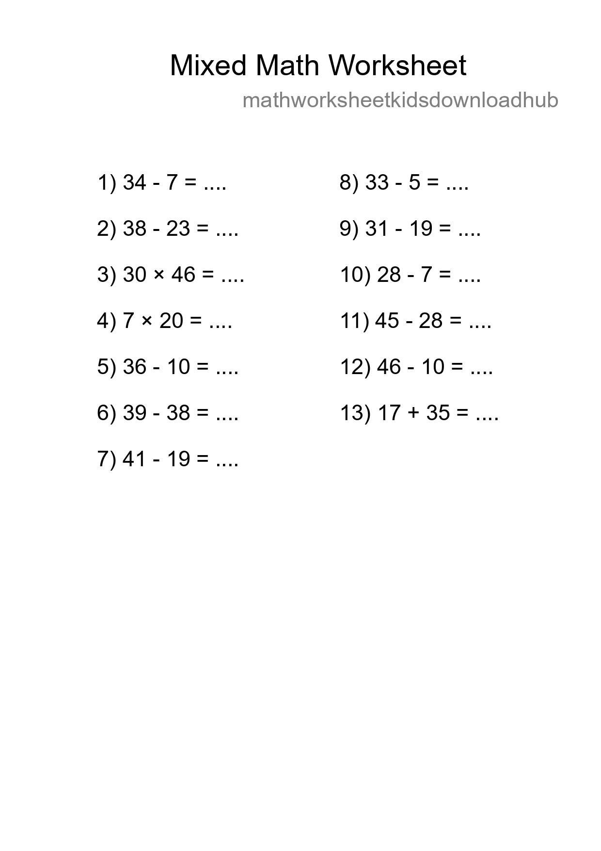Mixed Operations Math Worksheet