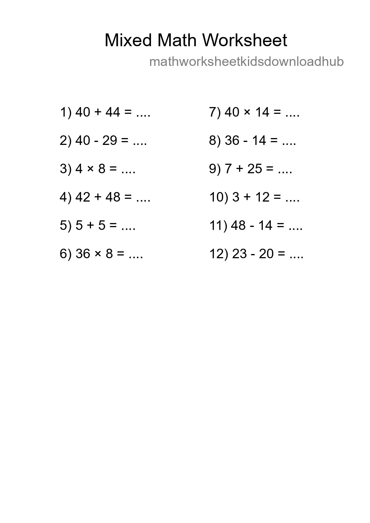 Mixed Operations Math Worksheet