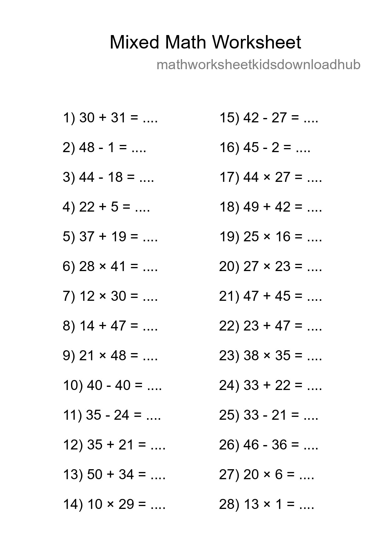 Mixed Operations Math Worksheet