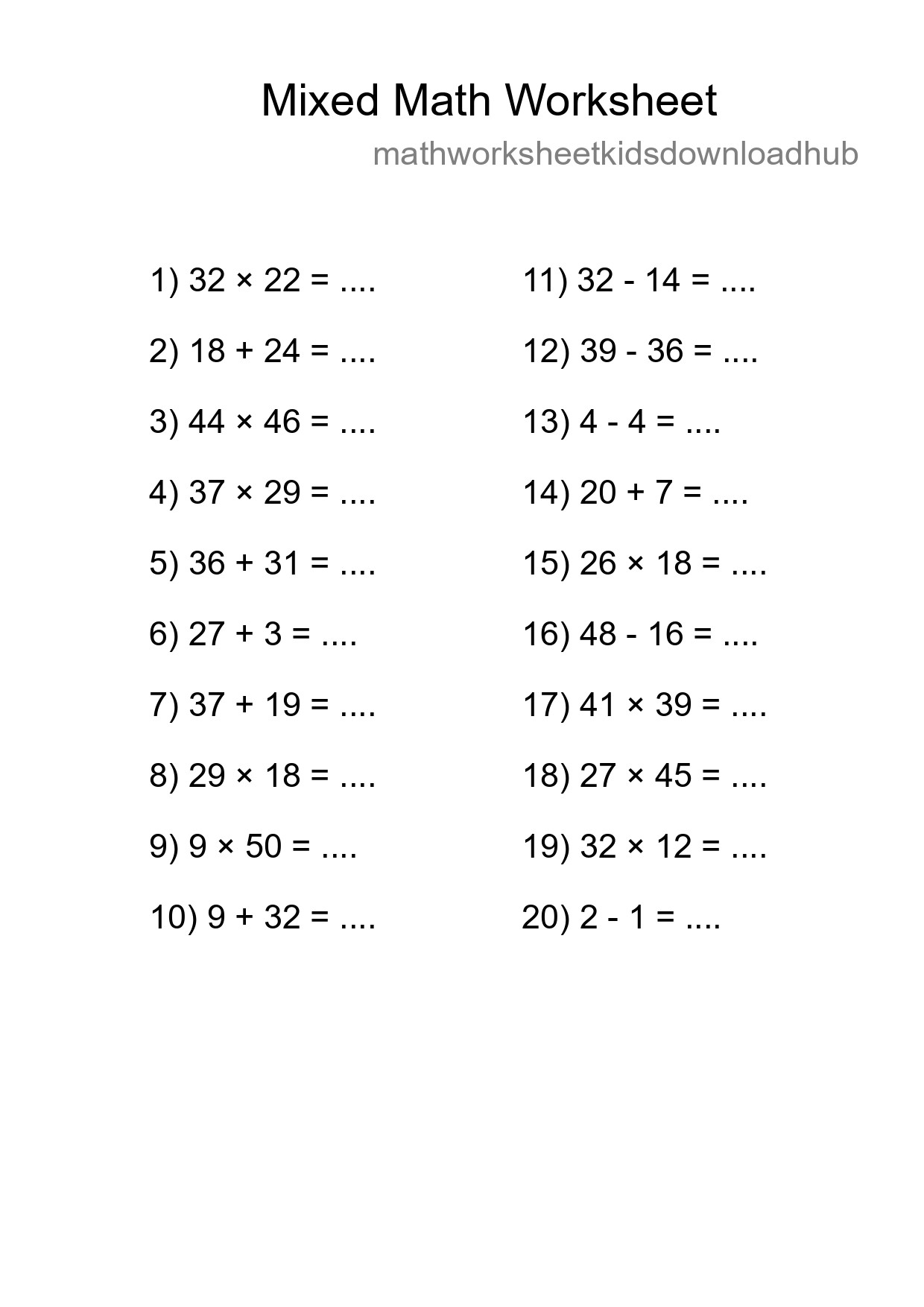 Mixed Operations Math Worksheet
