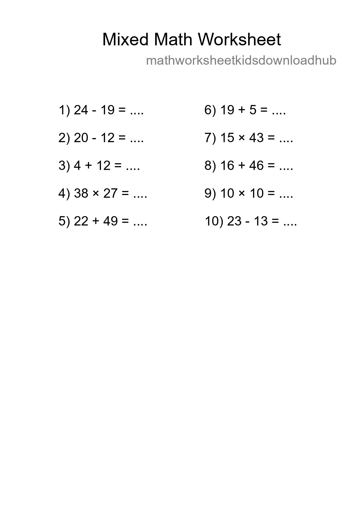 Mixed Operations Math Worksheet