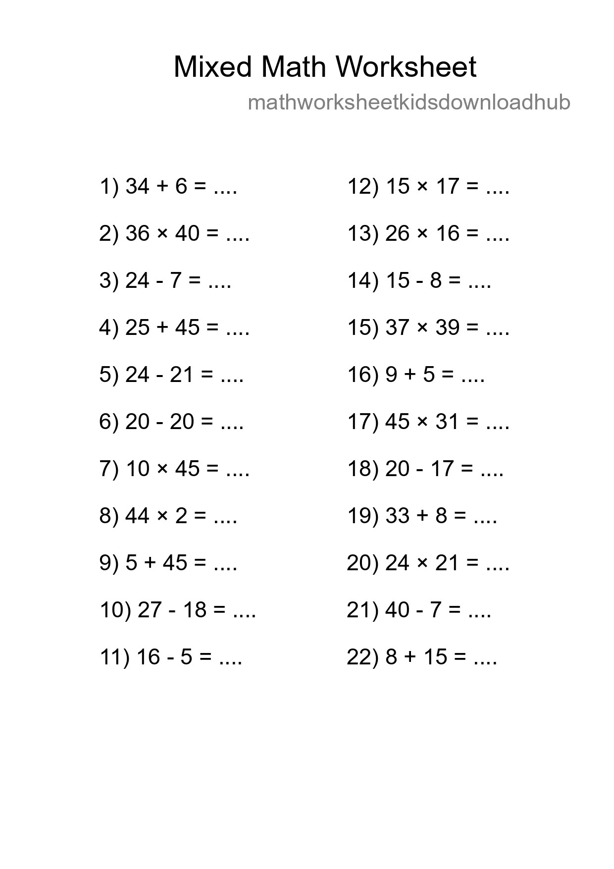 Mixed Operations Math Worksheet