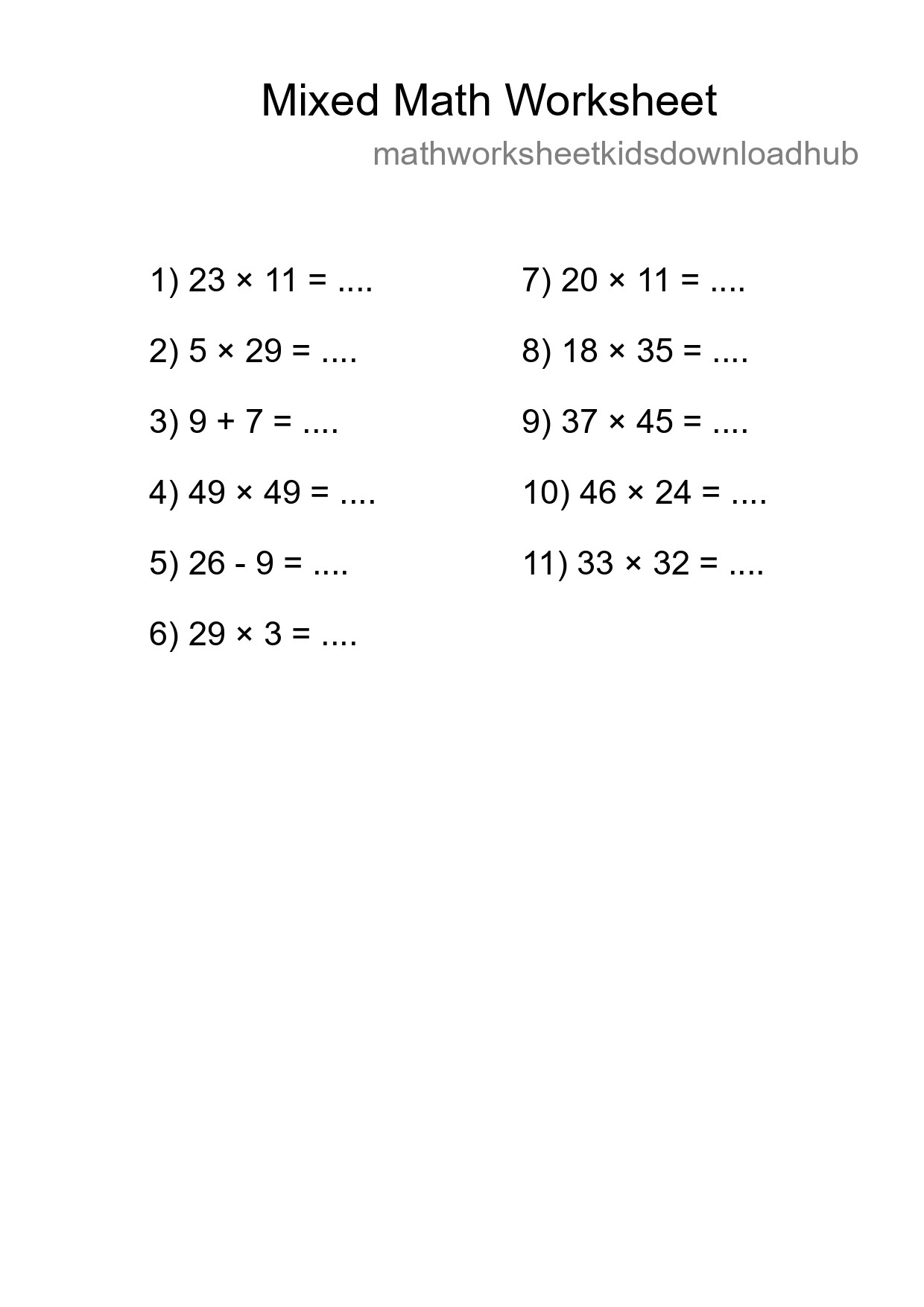 Mixed Operations Math Worksheet