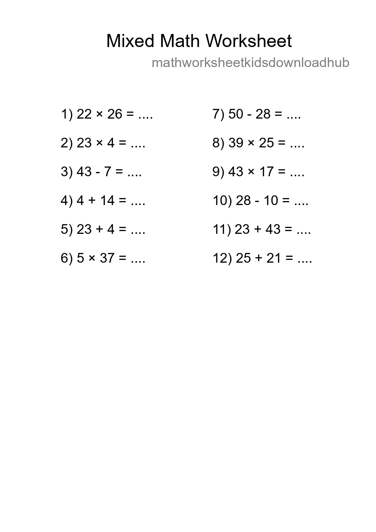 Mixed Operations Math Worksheet
