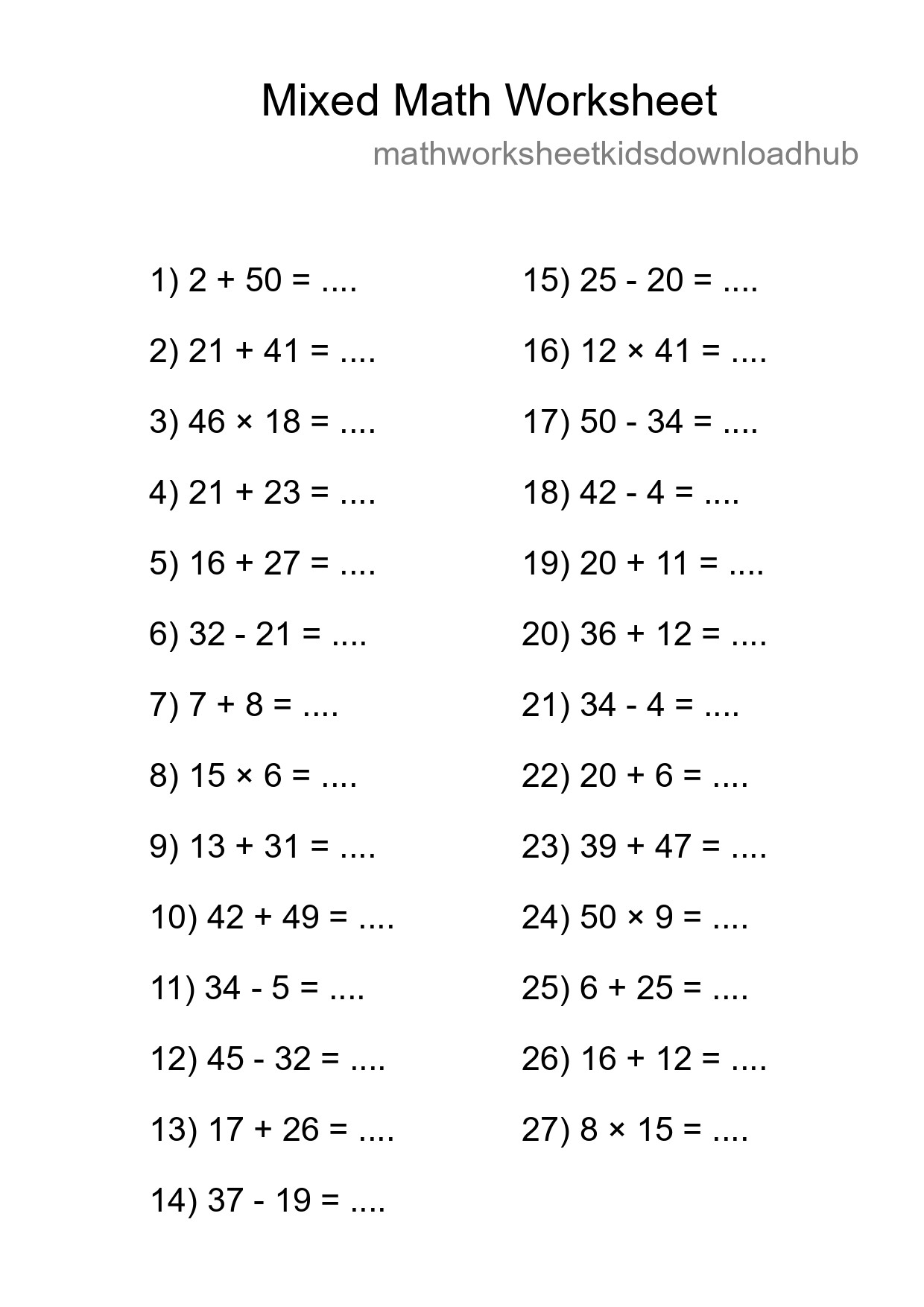 Mixed Operations Math Worksheet