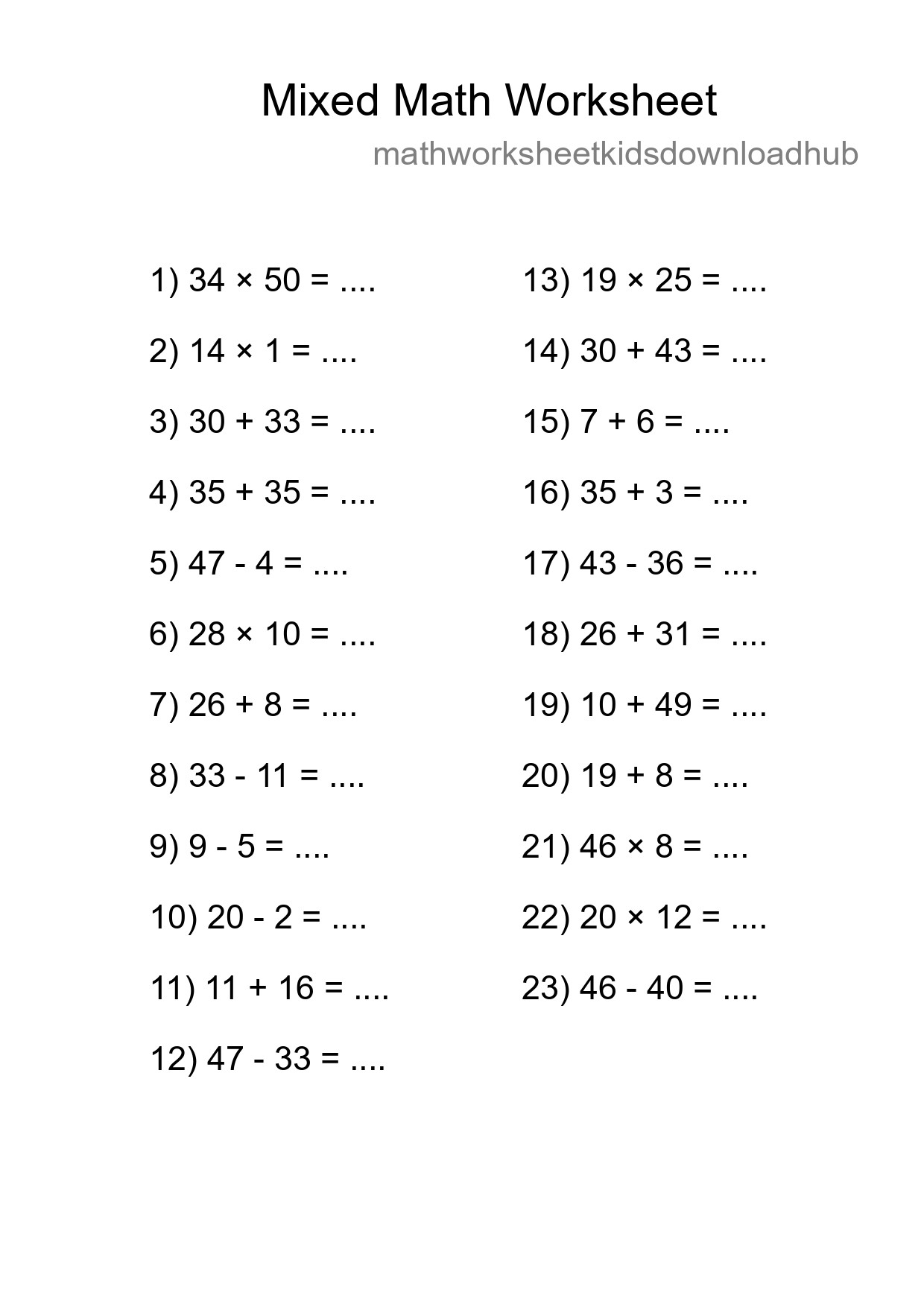 Mixed Operations Math Worksheet