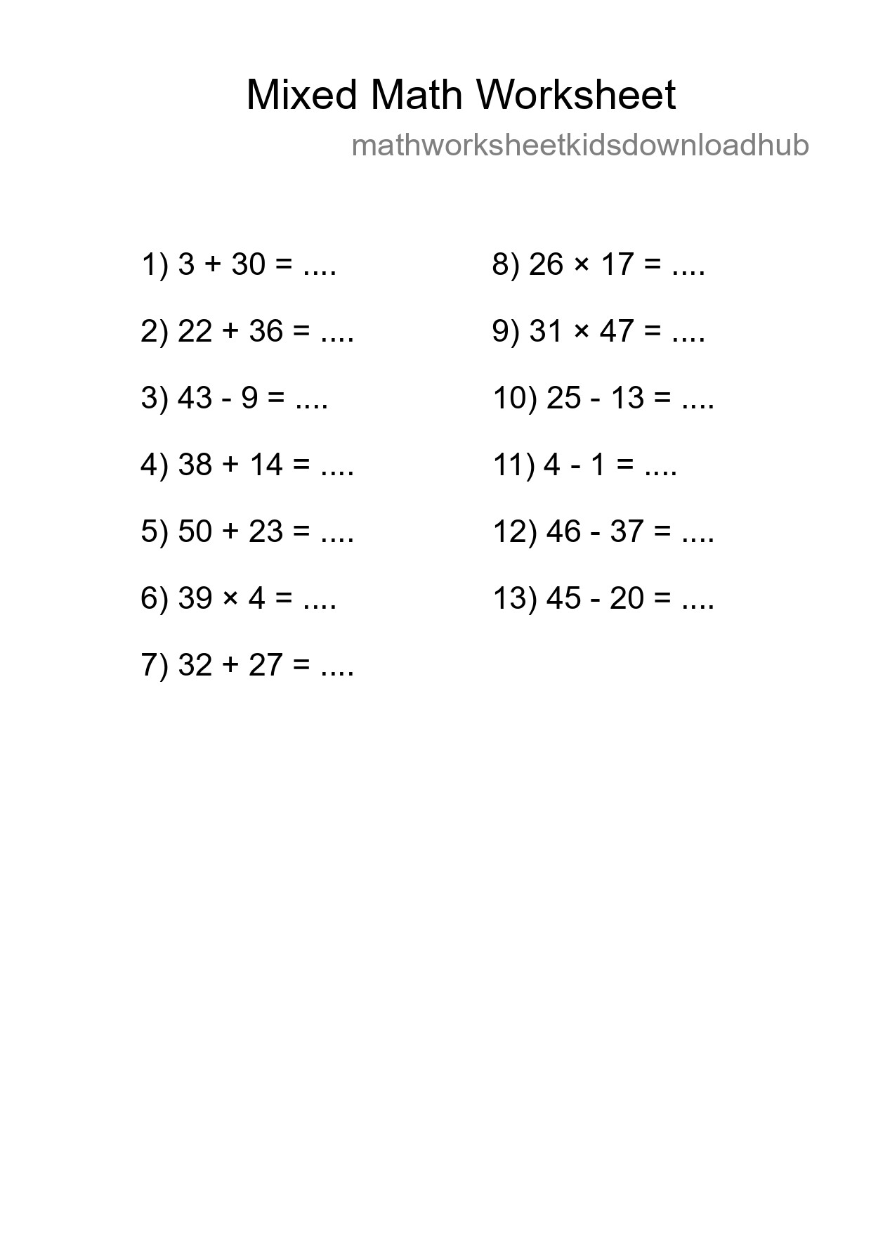 Mixed Operations Math Worksheet