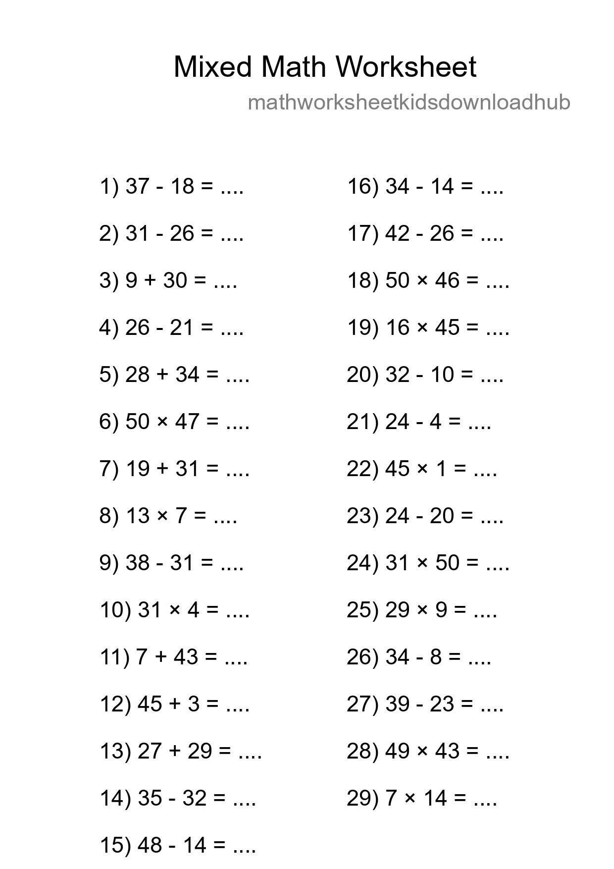 Mixed Operations Math Worksheet