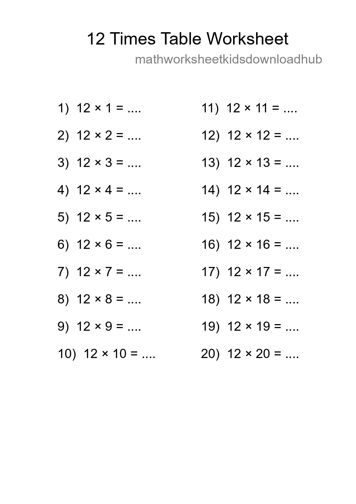 Printable 12 Times Table Worksheet For Grade 4 - Part 9