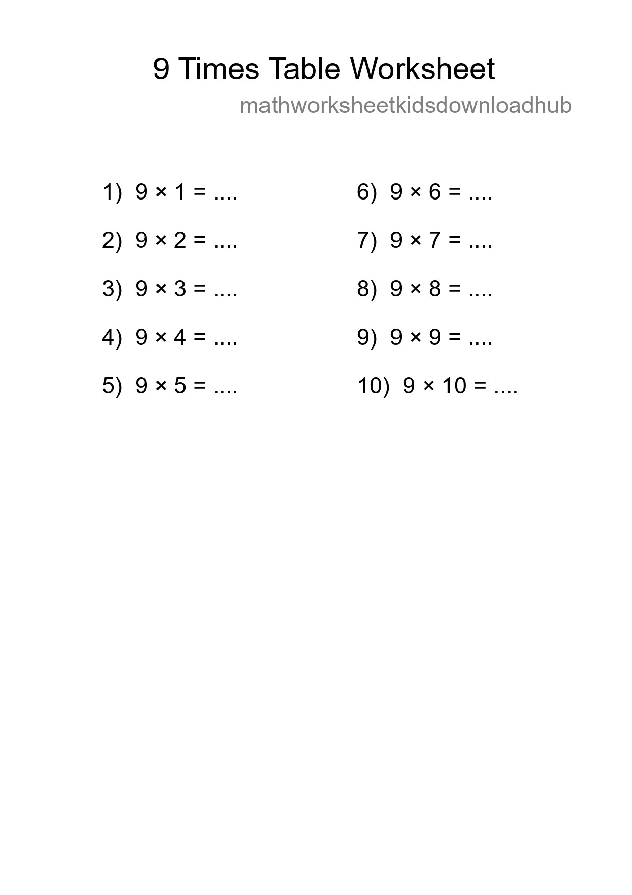 Printable 9 Times Table Worksheet For Grade 3 - Part 97