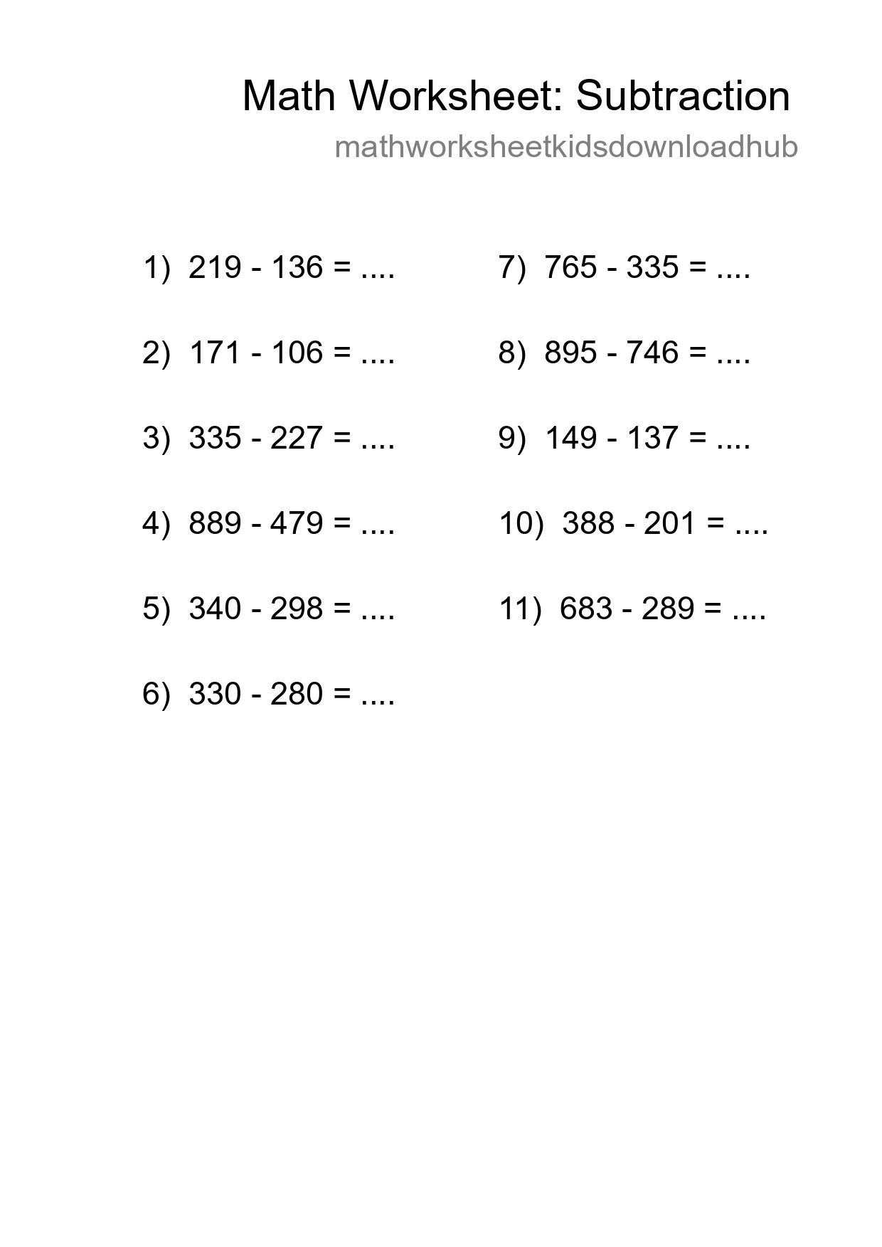 Printable Free 11 Subtraction Math Worksheet For Grade 5 - Part 129