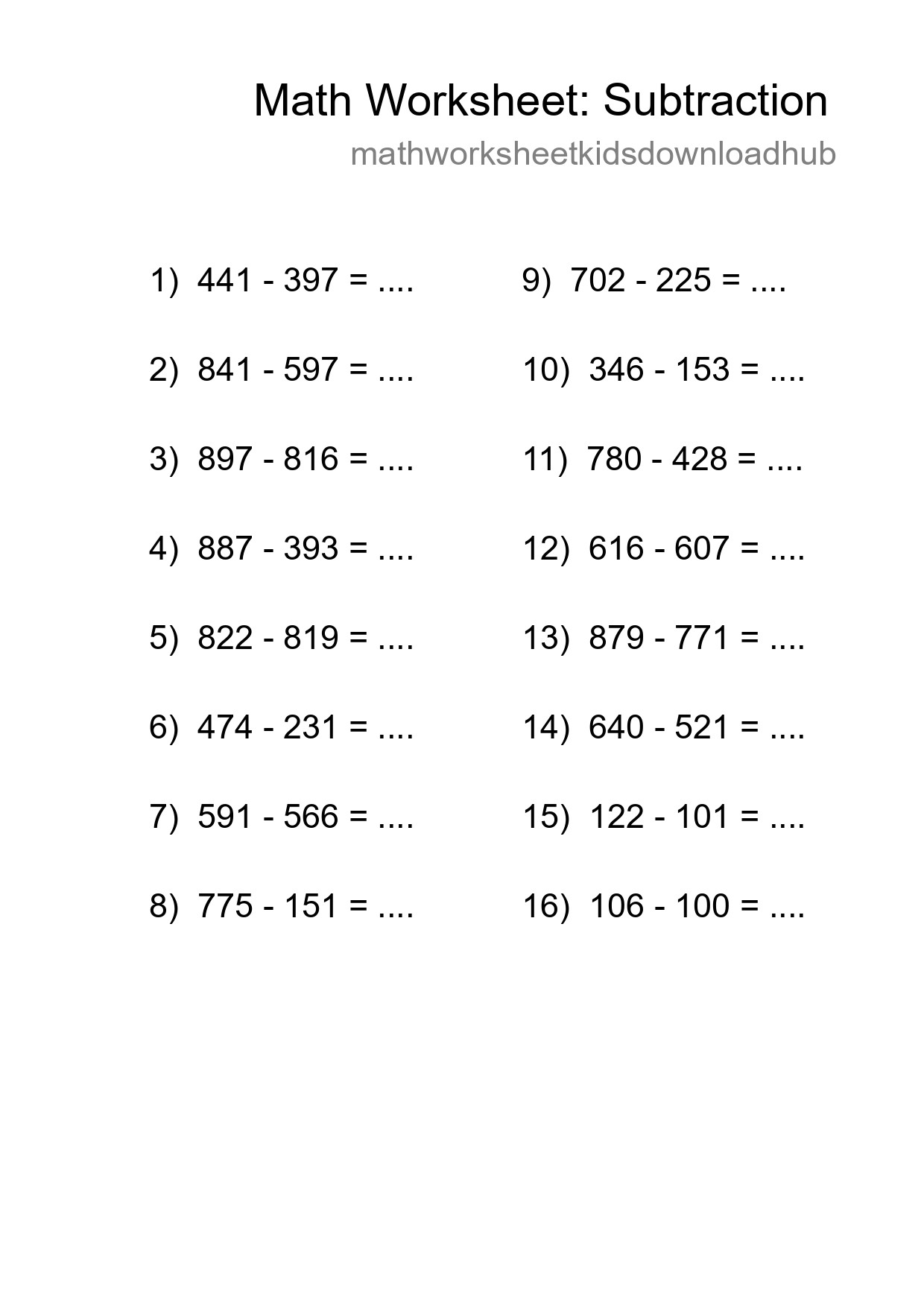 Printable Free 16 Subtraction Math Worksheet For Grade 5 - Part 151