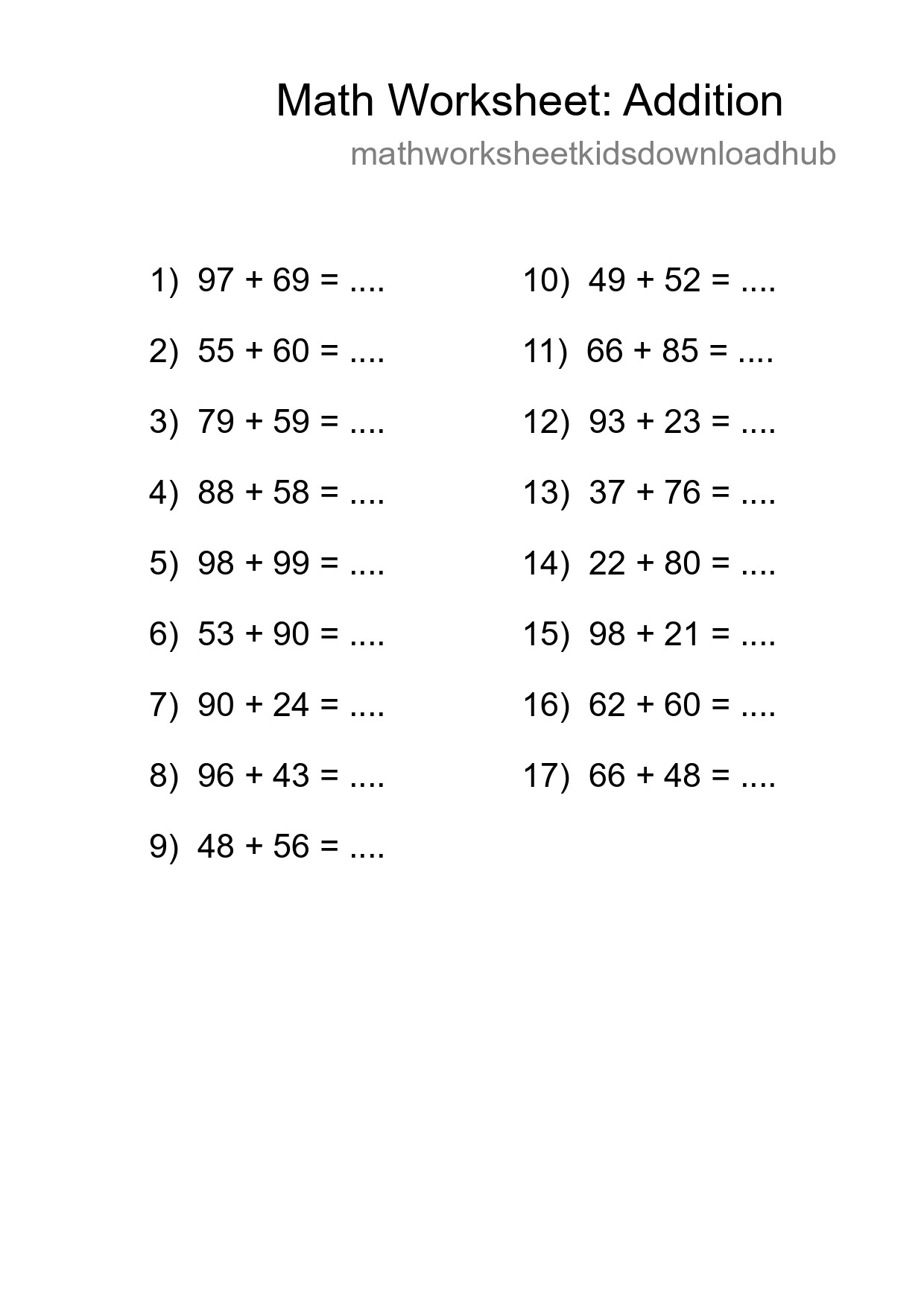 Printable Free 17 Addition Math Worksheet For Grade 3 - Part 12