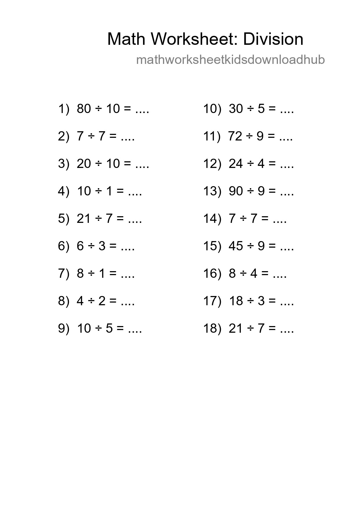 Printable Free 18 Division Math Worksheet For Grade 1 - Part 70