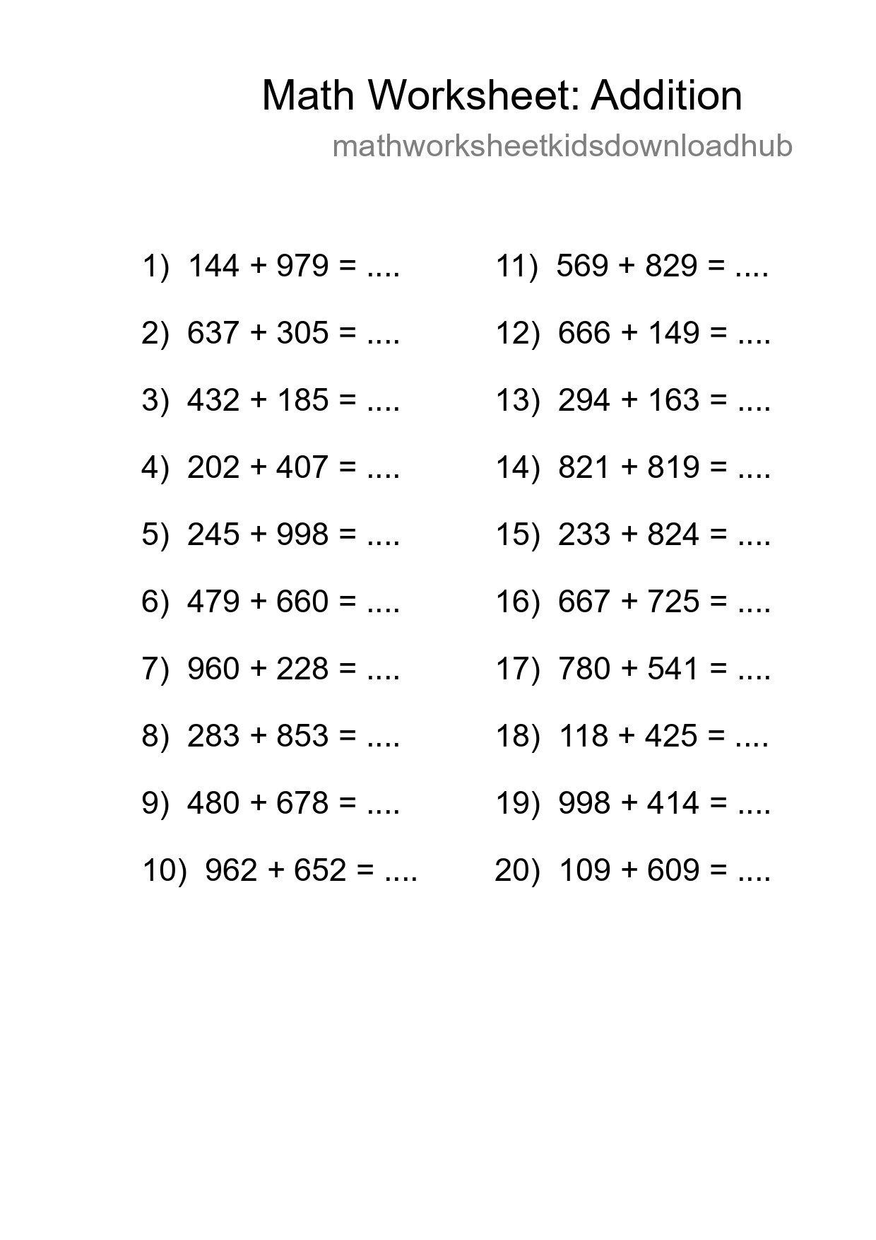 Printable Free 20 Addition Math Worksheet For Grade 5