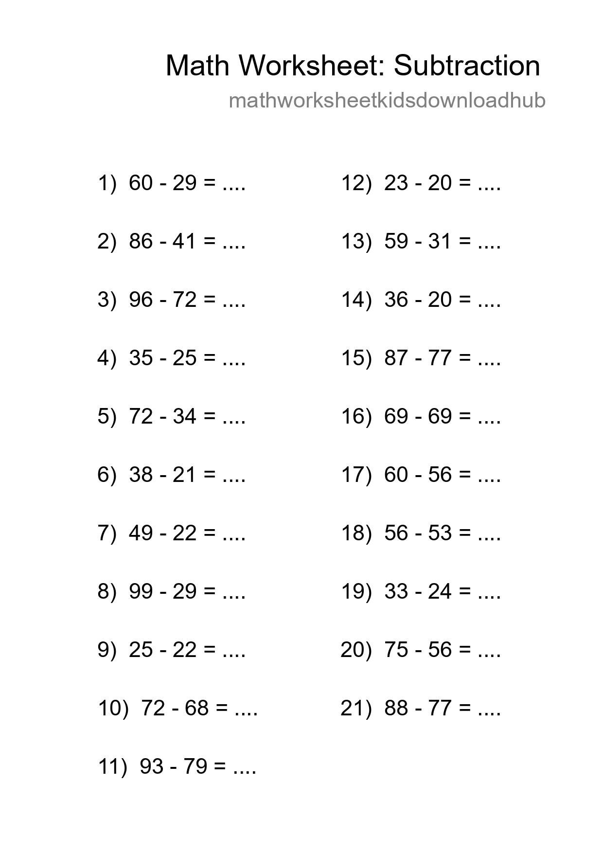 Printable Free 21 Subtraction Math Worksheet For Grade 3 - Part 74