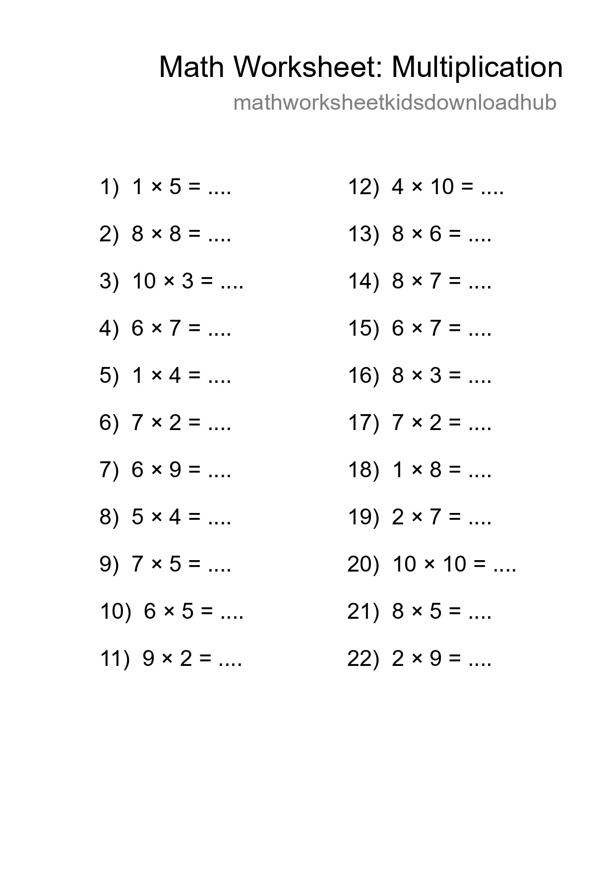 Printable Free 22 Multiplication Math Worksheet For Grade 1 - Part 205