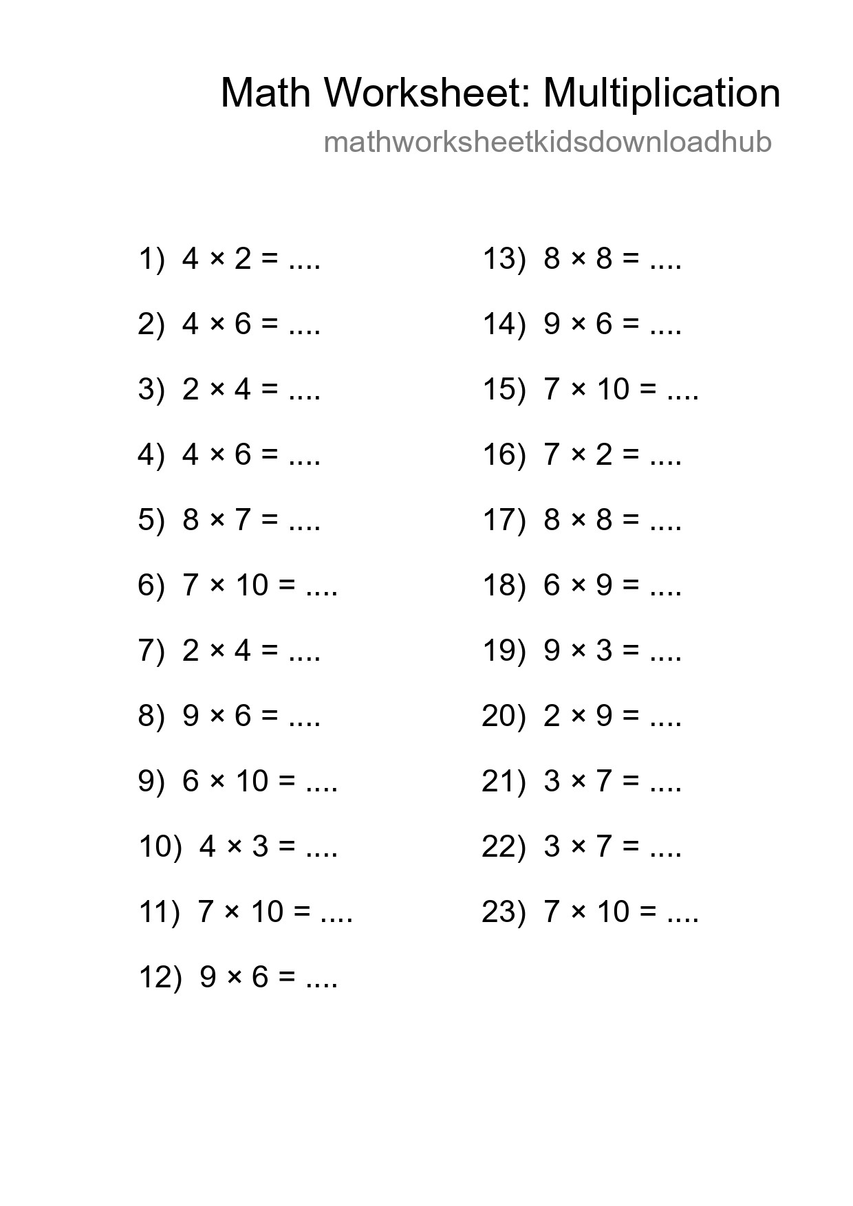 Printable Free 23 Multiplication Math Worksheet For Grade 1 - Part 150
