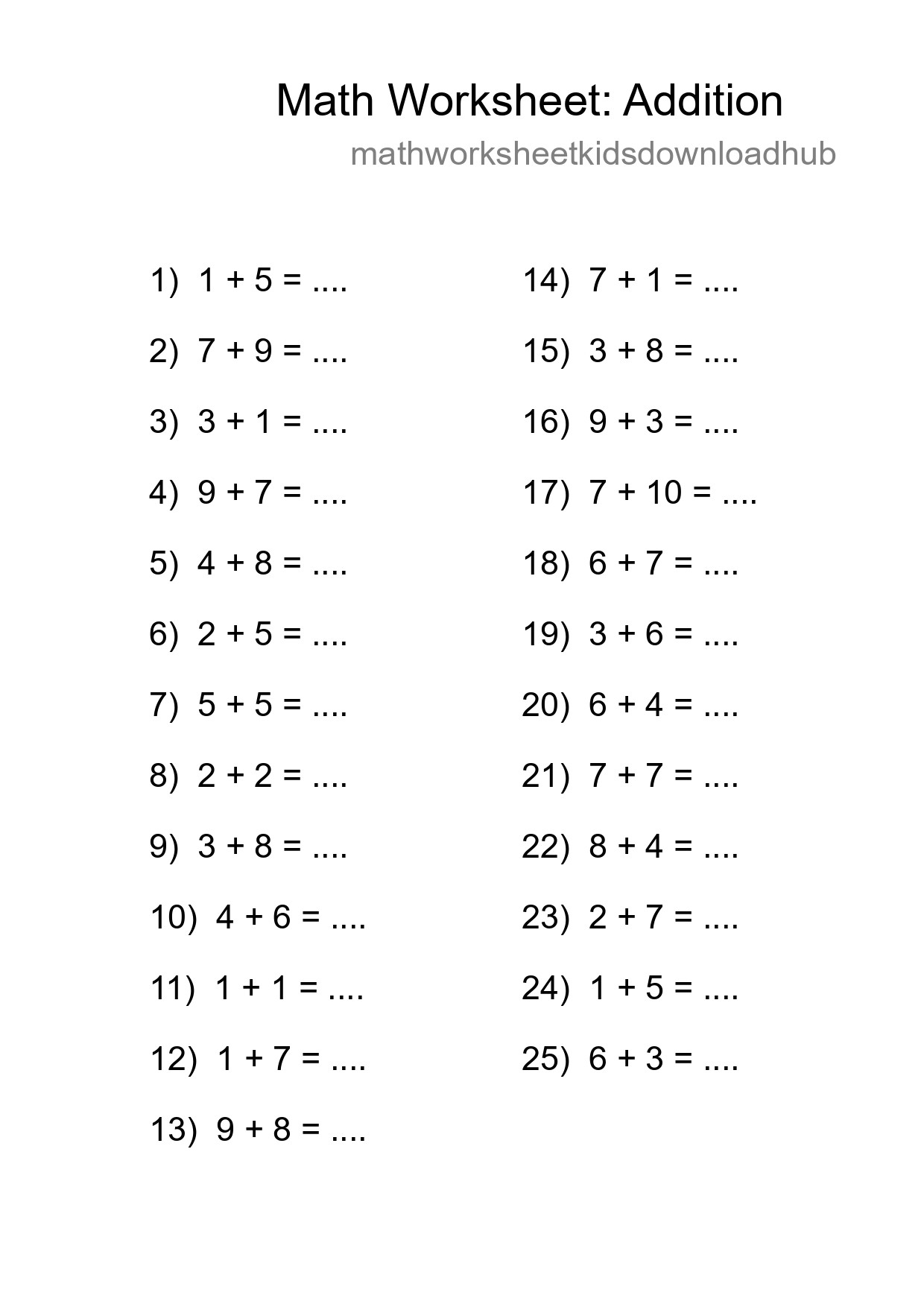 Printable Free 25 Addition Math Worksheet For Grade 1 - Part 210