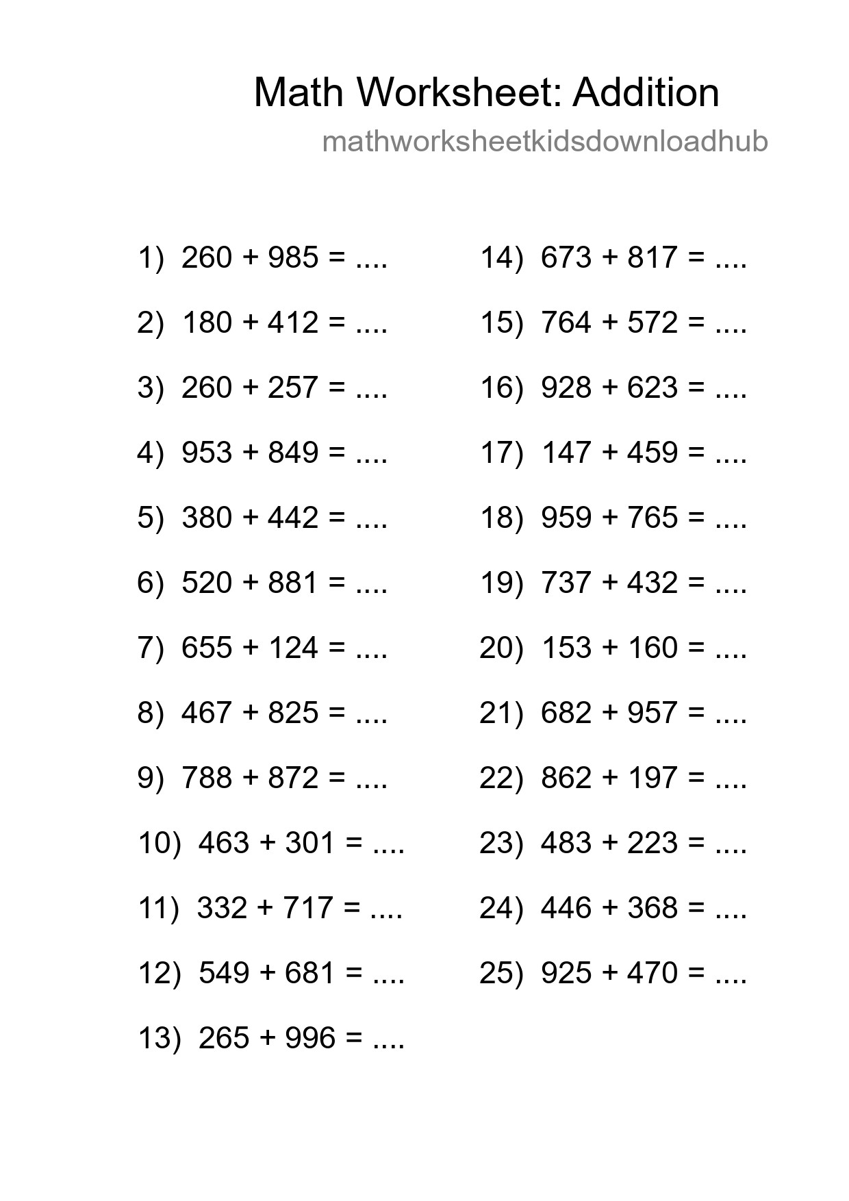 Printable Free 25 Addition Math Worksheet For Grade 5 - Part 133