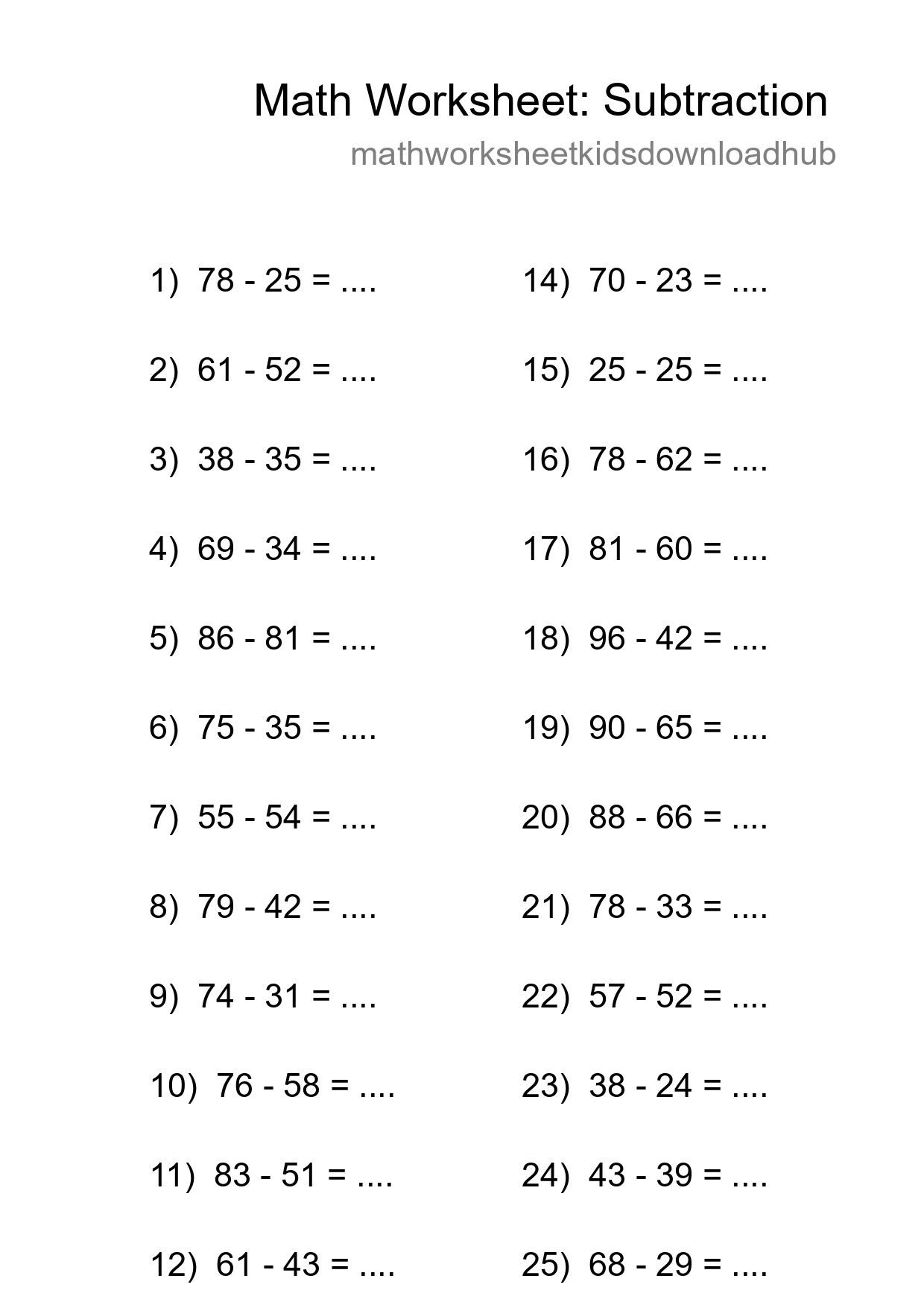 Printable Free 25 Subtraction Math Worksheet For Grade 3 - Part 63