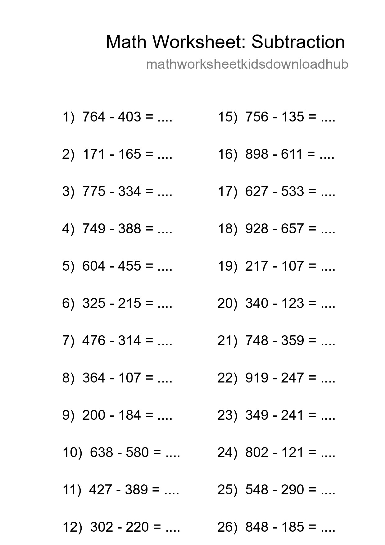 Printable Free 27 Subtraction Math Worksheet For Grade 5 - Part 206